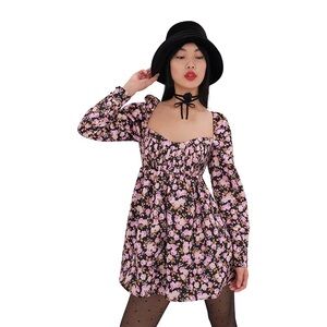 For Love & Lemons Kate Long Sleeve Black Floral Print Mini Dress l Medium l NWT